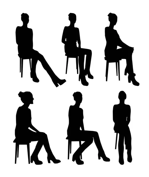 Ensemble Femmes Assises Sur Des Chaises Silhouettes Noires — Image vectorielle