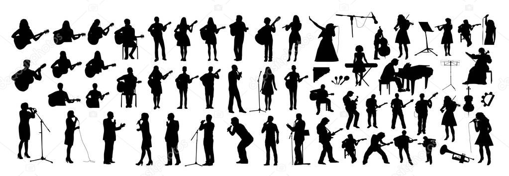 Set of musicians with instruments black silhouettes, Seamless background