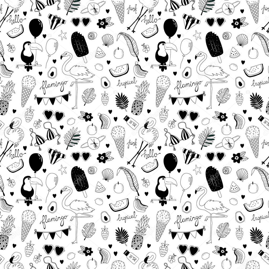 black handle drawing Tropic vacation elements on white background, seamless pattern