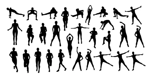 健身姿势中女性黑色矢量剪影的设置 — 图库矢量图片