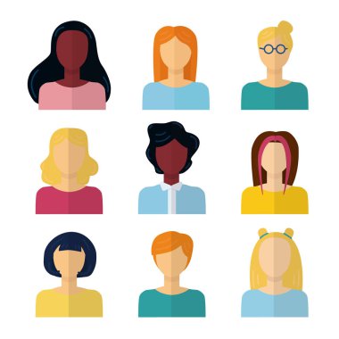 düz izole vektör simgeler kümesi. Kadın portre koleksiyonu