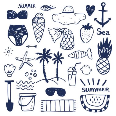 Yaz tatil aksesuarları düz Icons set. Renkli tasarlamak vektör çizim.