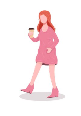 Yürüyen genç kadın. Düz kız içecekler kahve