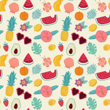 Yaz tasarım öğeleri tropikal yaprak, çiçek, meyve. Vektör Dikişsiz desen duvar kağıdı