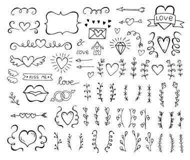 Elle çizilmiş vintage girdap topluluğu tam kalplerin süsler. Sevgililer günü özel paketi tasarım öğeleri.