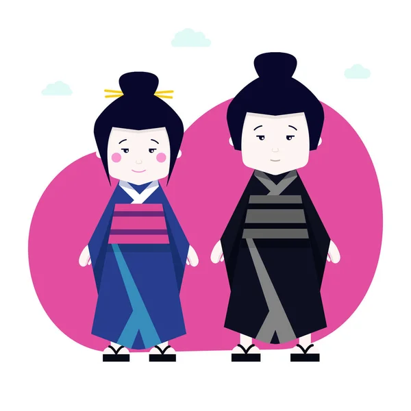 Familia japonesa en kimono, hombre y mujer en traje nacional . — Vector de stock