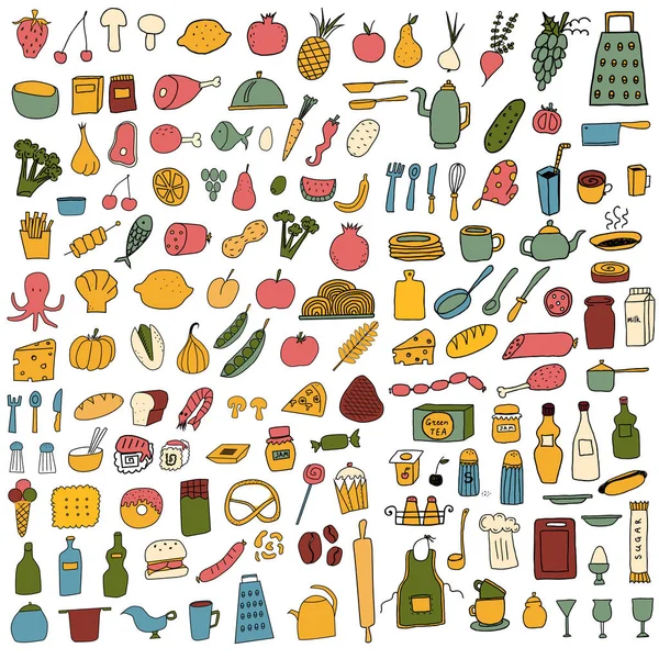 Gran conjunto de alimentos de color sobre fondo blanco. Mano libre dibujada. Ilustración vectorial . — Vector de stock