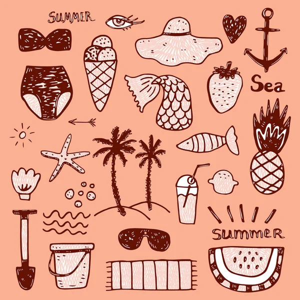 Conjunto de iconos planos de accesorios de vacaciones de verano. Ilustración vectorial abstracta colorida . — Archivo Imágenes Vectoriales
