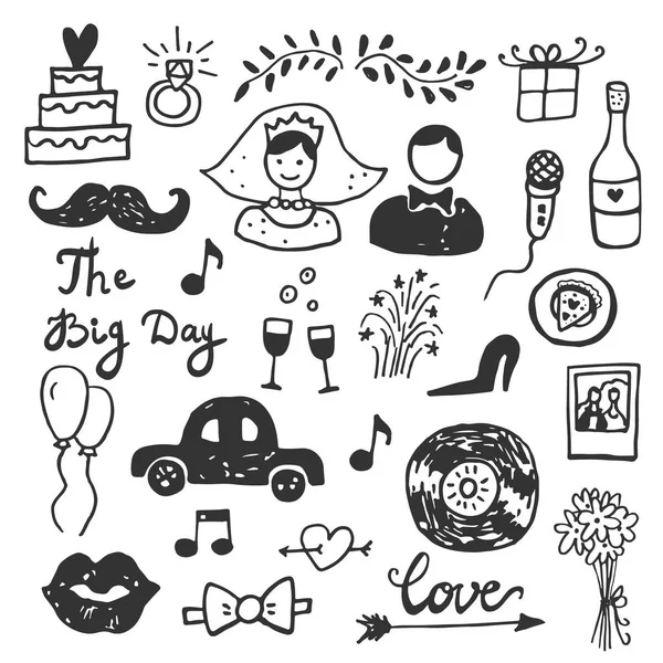 Dibujado a mano doodle Colección de bodas Ilustración vectorial Iconos de matrimonio incompletos — Archivo Imágenes Vectoriales