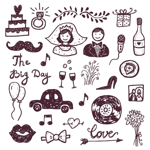 Dibujado a mano doodle Colección de bodas Ilustración vectorial Iconos de matrimonio incompletos — Vector de stock