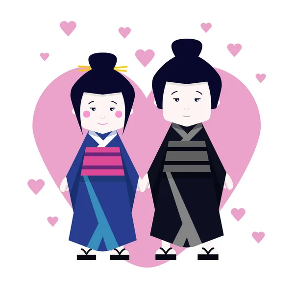 Familia japonesa en kimono, hombre y mujer en traje nacional . Ilustración De Stock