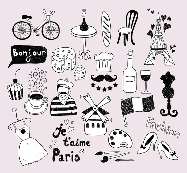 Elle çizilmiş Fransa kümesi doodles. Vektör toplama. — Stok Vektör