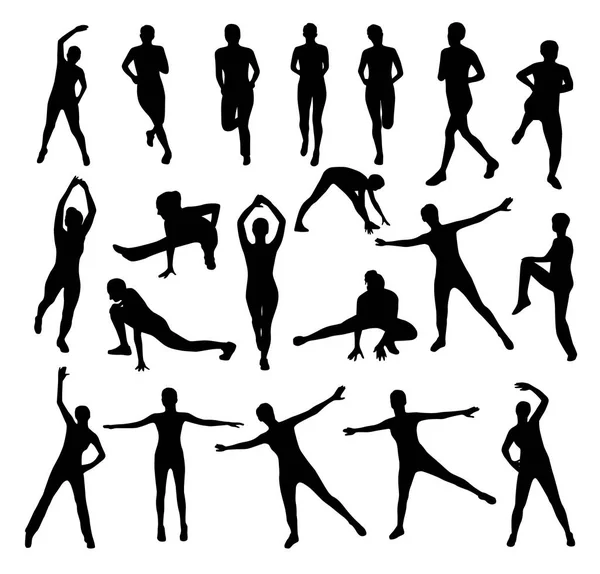 Conjunto de siluetas de ejercicio deportivo para mujeres y hombres Ilustración De Stock