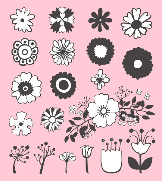 Gran conjunto de bocetos y garabatos línea flores aisladas, hojas, hierbas — Vector de stock