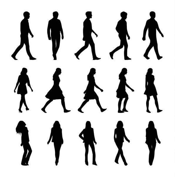 Colección vectorial de personas caminantes siluetas. Conjunto de vectores — Archivo Imágenes Vectoriales