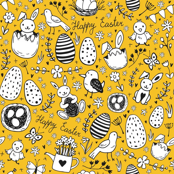 Symboles traditionnels de Pâques sans couture œufs, lapin, brindilles de saule, panier — Image vectorielle