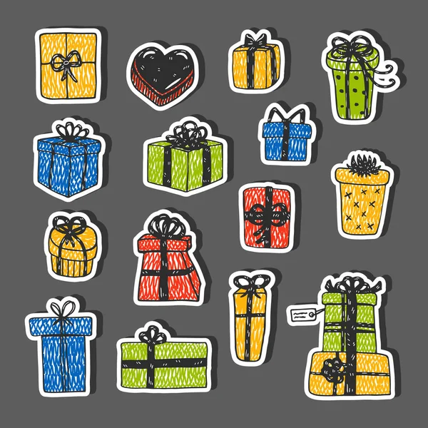 Hand drawn gift boxes set vector sticker set — Stock Vector