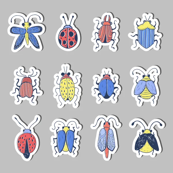 Hand getekend Insect schets Sticker Set. Ontwerp voor handgemaakte decoratieve broche. — Stockvector
