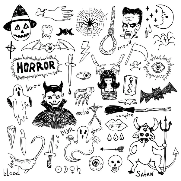 Himpunan kengerian sketsa stiker doodle Halloween - Stok Vektor