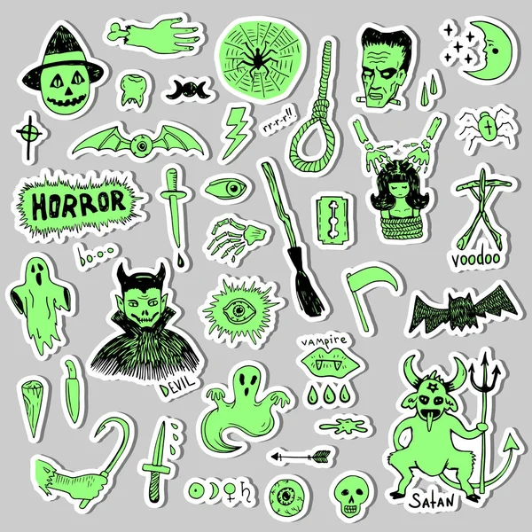 Horror uppsättning Halloween doodle klistermärke skiss set — Stock vektor