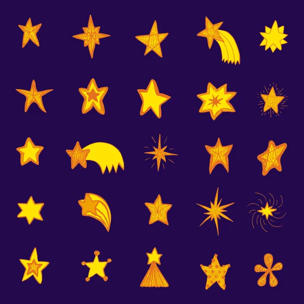 Conjunto de estrellas vectoriales dibujadas a mano en estilo garabato sobre fondo azul . — Vector de stock