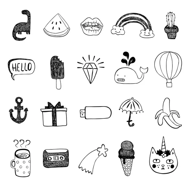Set di icone con schizzi vettoriali. Disegnare oggetti a mano. Versione adesiva — Vettoriale Stock