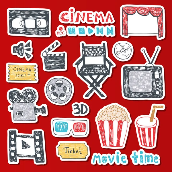 Dibujado a mano ilustraciones vectoriales de colores - Colección de cine. Elementos cinematográficos y cinematográficos en estilo sketch . — Vector de stock