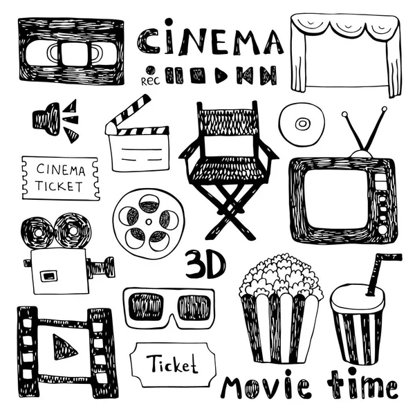 Hand drawn colorful vector illustrations - Cinema collection. Movie and film elements in sketch style. Stock Vector