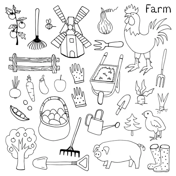 Illustration of the things and animals found at the farm on a white background. — Stock Vector