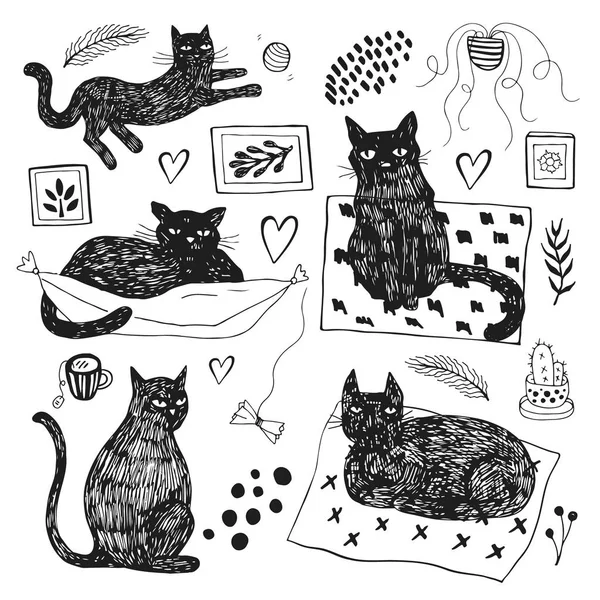 Ilustrações vetoriais desenhadas à mão de conjuntos de caracteres de gato. Estilo de esboço . — Vetor de Stock