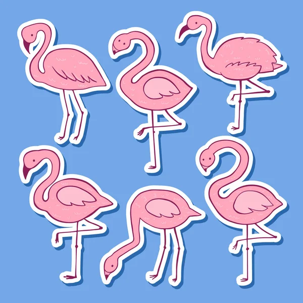 Pink Flamingo wektor kreskówka płaski zestaw. Egzotyczna kolekcja ikon tropikalnych ptaków. Wersja naklejki — Wektor stockowy