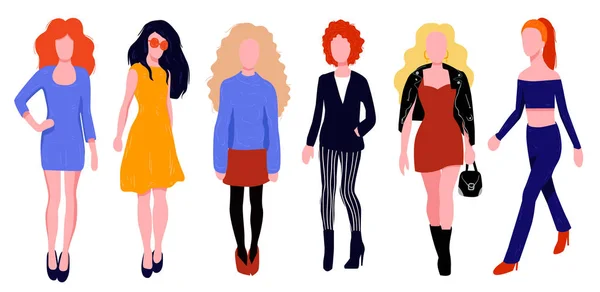 Personaje de mujer en conjunto de vestir. Conjunto de silueta colorida — Vector de stock