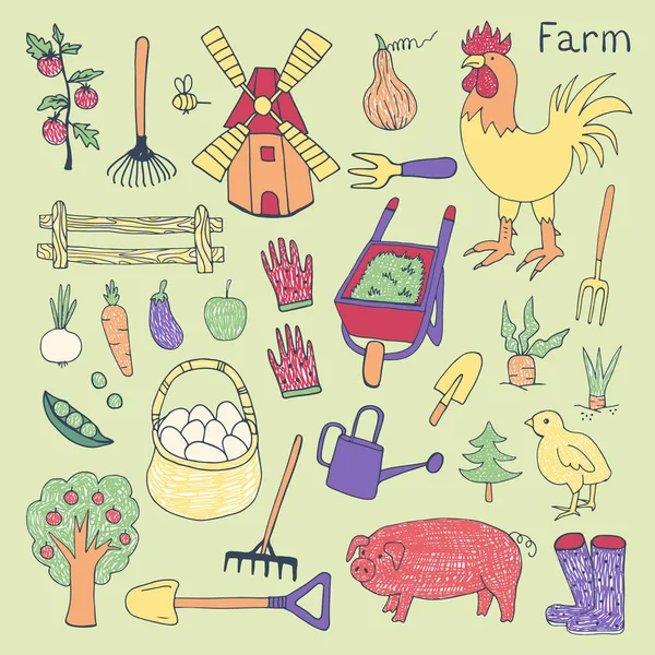 Illustration der Dinge und Tiere auf dem Bauernhof auf grünem Hintergrund. — Stockvektor