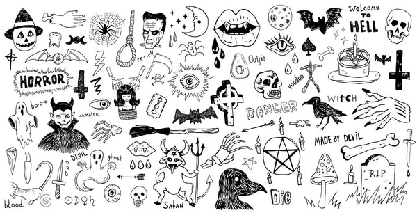 Σύνολο φρίκη Απόκριες doodle Σετ αυτοκόλλητα σκίτσο — Διανυσματικό Αρχείο