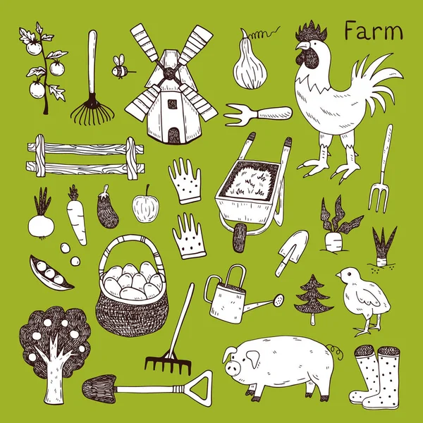 Illustration of the things and animals found at the farm on a green background. — Stock Vector