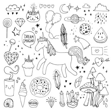 tek boynuzlu at sihirli tasarım elemanı el çizmek seti