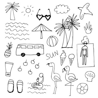 Simge seti yaz plaj tatilleri, tatil. Elle çizilmiş doodle vektör illüstrasyon.