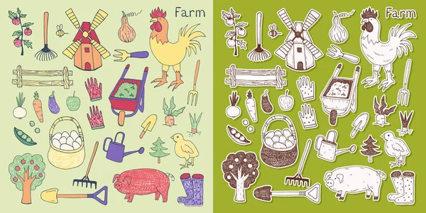 Illustration des choses et des animaux trouvés à la ferme sur un fond vert . — Image vectorielle