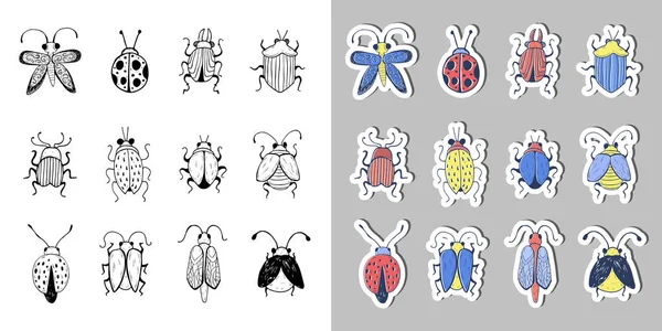 Hand getekend Insect schets Sticker Set. Ontwerp voor handgemaakte decoratieve broche. — Stockvector