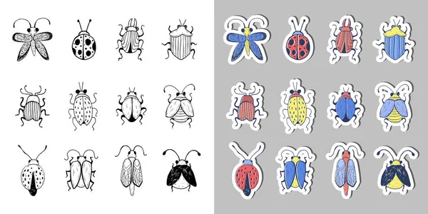 Hand getekend Insect schets Sticker Set. Ontwerp voor handgemaakte decoratieve broche. Rechtenvrije Stockillustraties