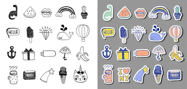 Conjunto de ícones de desenho vetorial. Objetos de mão. Versão adesiva Ilustração De Stock