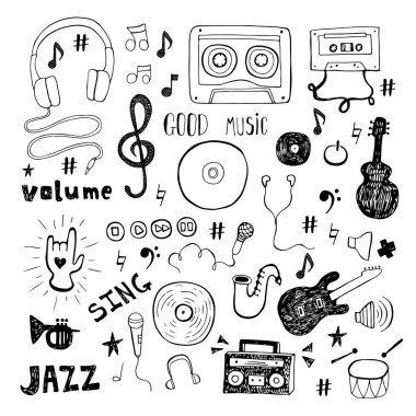 Beyaz arka planda yalıtılmış müzik doodle'ı seti