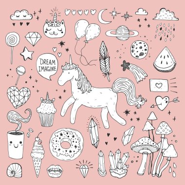 tek boynuzlu at sihirli tasarım elemanı el çizmek seti