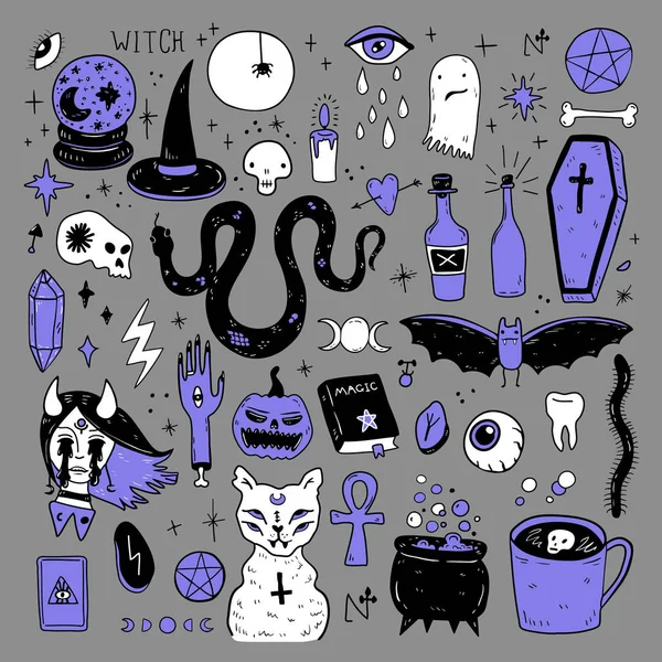 Magische Halloween-Objekte. Handgezeichnetes farbiges Vektorset. — Stockvektor