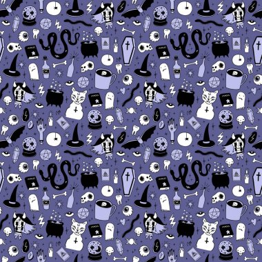 Sihirli Halloween nesneleri sorunsuz. El çizilmiş renkli vektör deseni