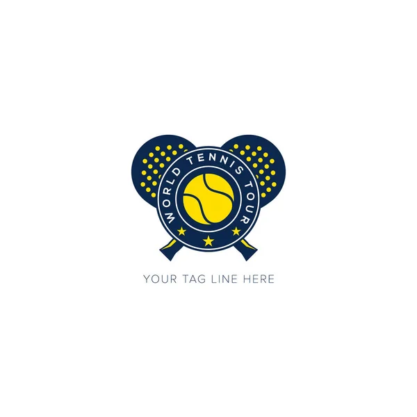 Championnat du monde Tennis Logo Badge sport jaune balle et raquette tennis — Image vectorielle