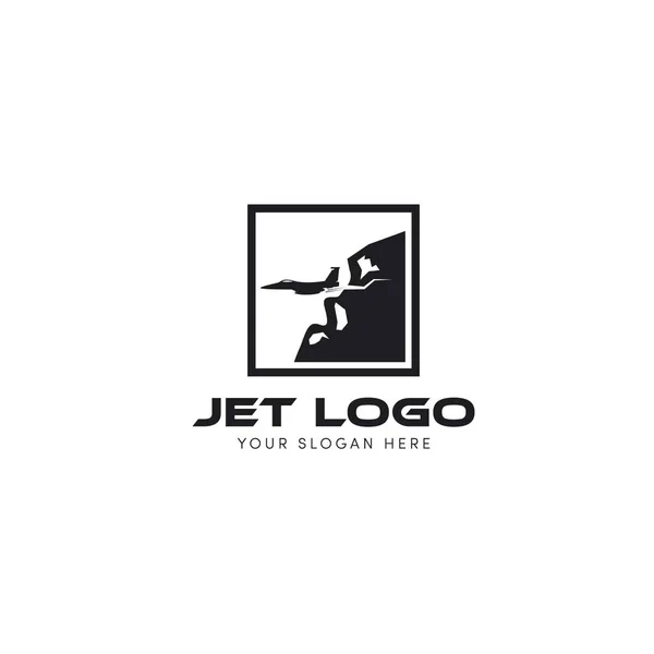 Логотип реактивного літака, що вилітає з пагорба та гірського логотипу з квадратом — стоковий вектор
