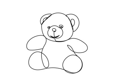Beyaz bir arka plan üzerinde tek bir siyah çizgi ile boyanmış ayı peluş oyuncak. Tek satırlık çizim. Sürekli hat.