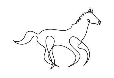 Sürekli bir çizgi çizme. At logosu. Siyah ve beyaz vektör çizim. Kavramı logo, kart, afiş, poster, afiş için