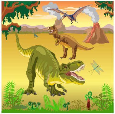 Manzara arka planında dinozorlar. Tarih öncesi çağ. Mezozoik çağ. Tyrannosaurus Rex yeşili. Bir pterodactyl gökyüzünde uçar. T-Rex. Eğreltiotu, palmiye, sarmaşık.